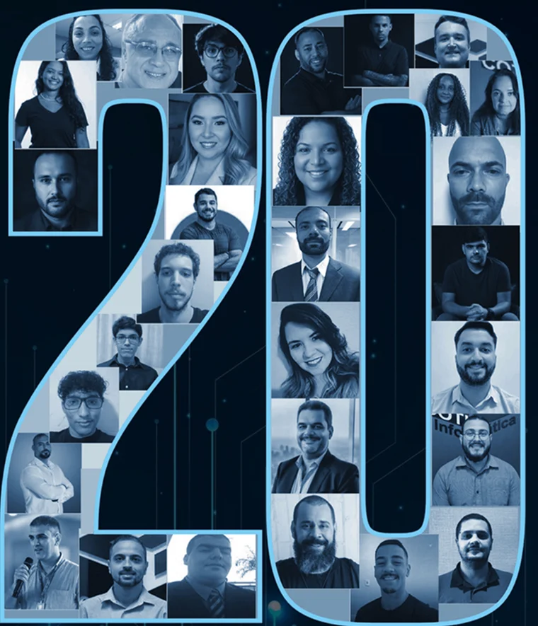 Detalhe da capa: o número 20 composto por fotografias de rostos, em tons de azul.