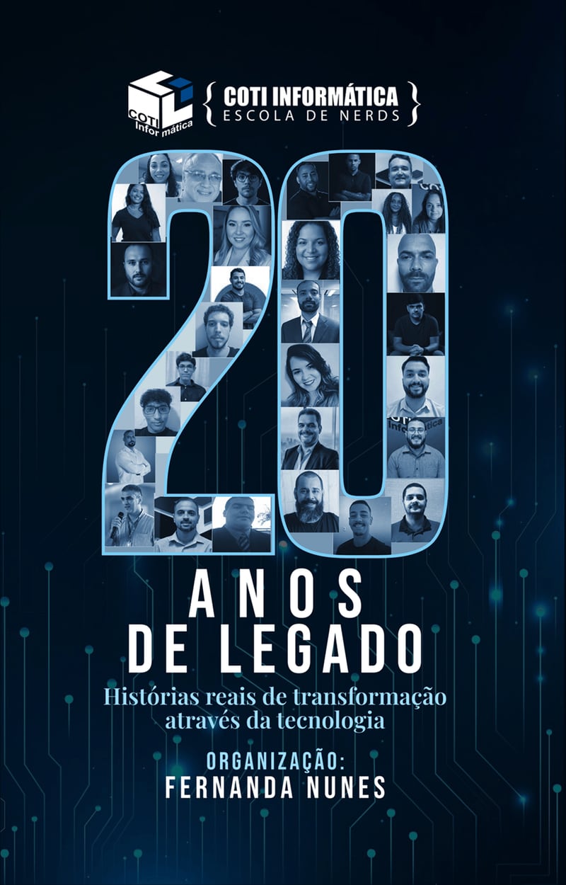 Capa do livro COTI Informática 20 Anos de Legado: o número 20 formado por rostos, sobre fundo azul com trilhas de circuito. Organização: Fernanda Nunes.