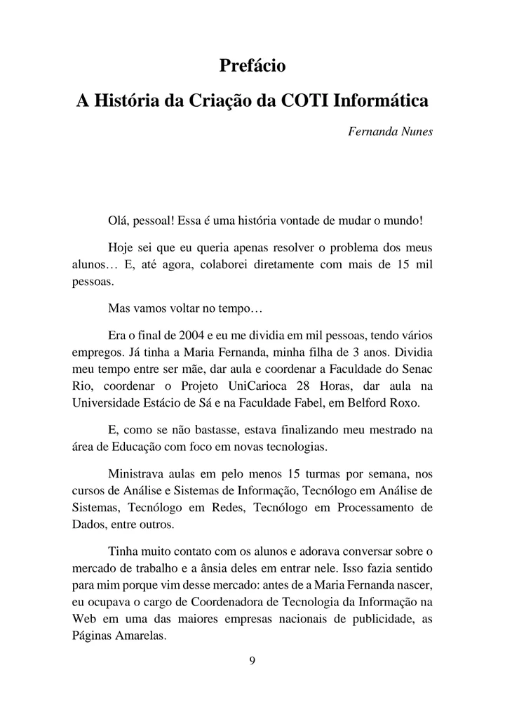 Página 9 do livro: Prefácio — A História da Criação da COTI Informática, por Fernanda Nunes.