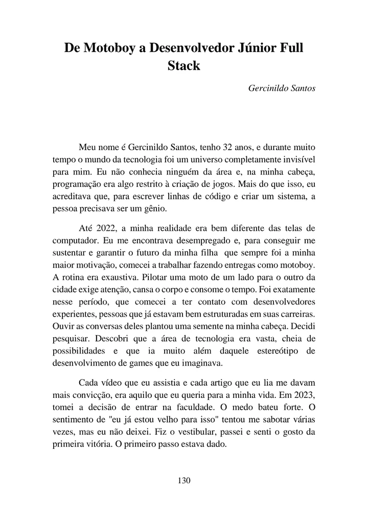 Página 130 do livro: abertura do capítulo De Motoboy a Desenvolvedor Júnior Full Stack, de Gercinildo Santos.
